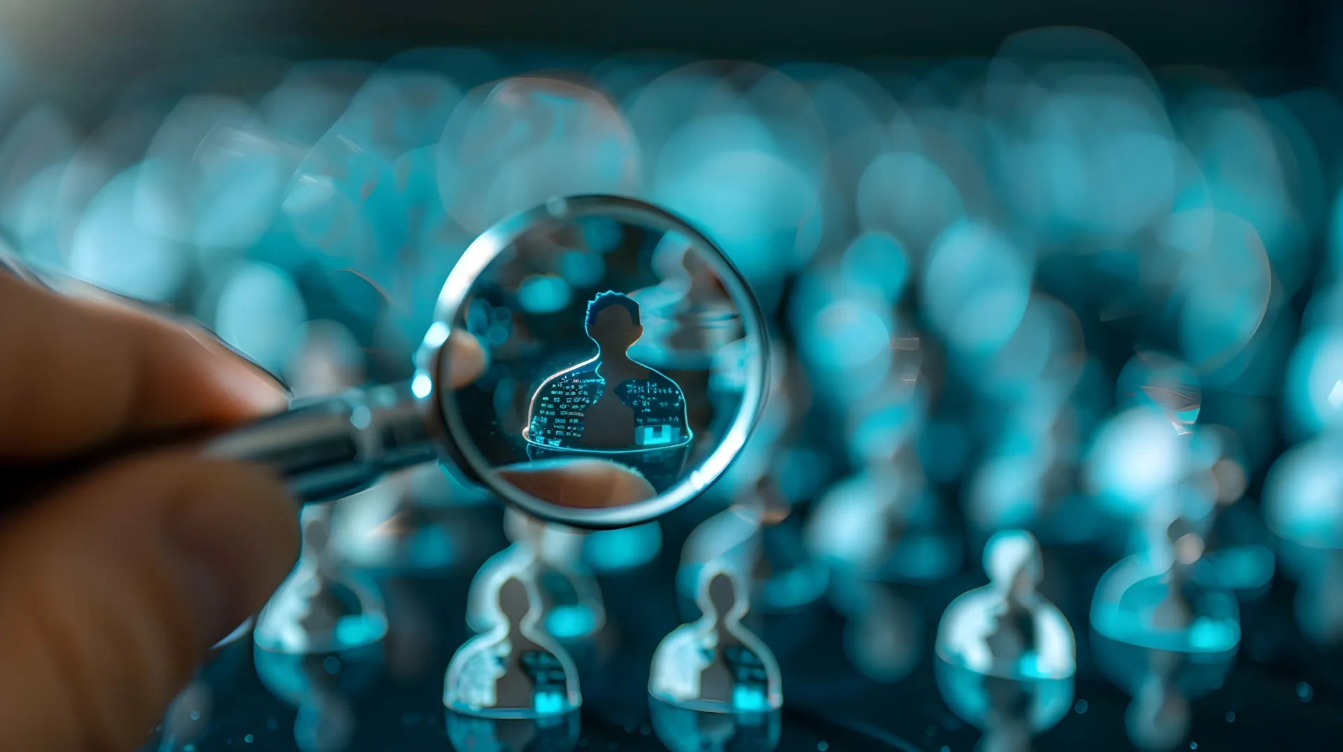 Magnifying glass highlighting a figurine, symbolizing employee turnover analysis and insights.