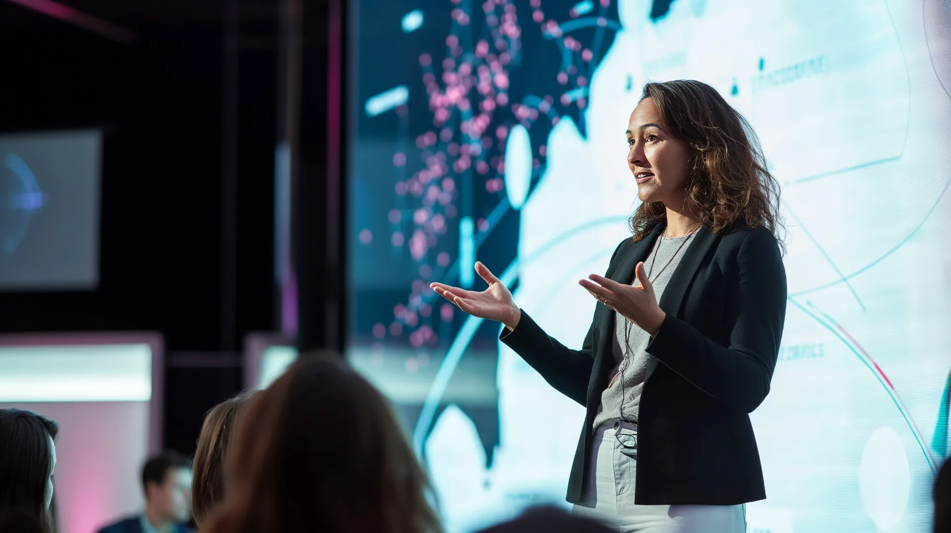 Person presenting on stage with data visuals, representing a keynote speaker at a professional event.