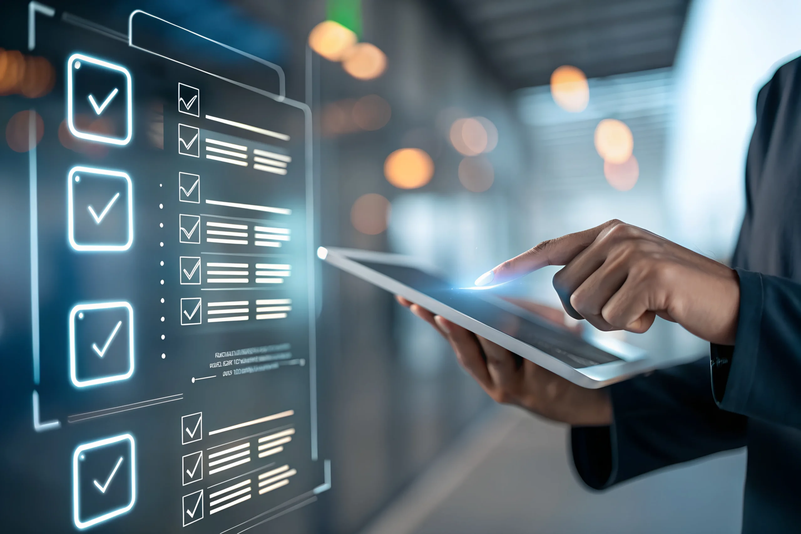 Person using tablet with software interface, representing employee survey platform for feedback collection.