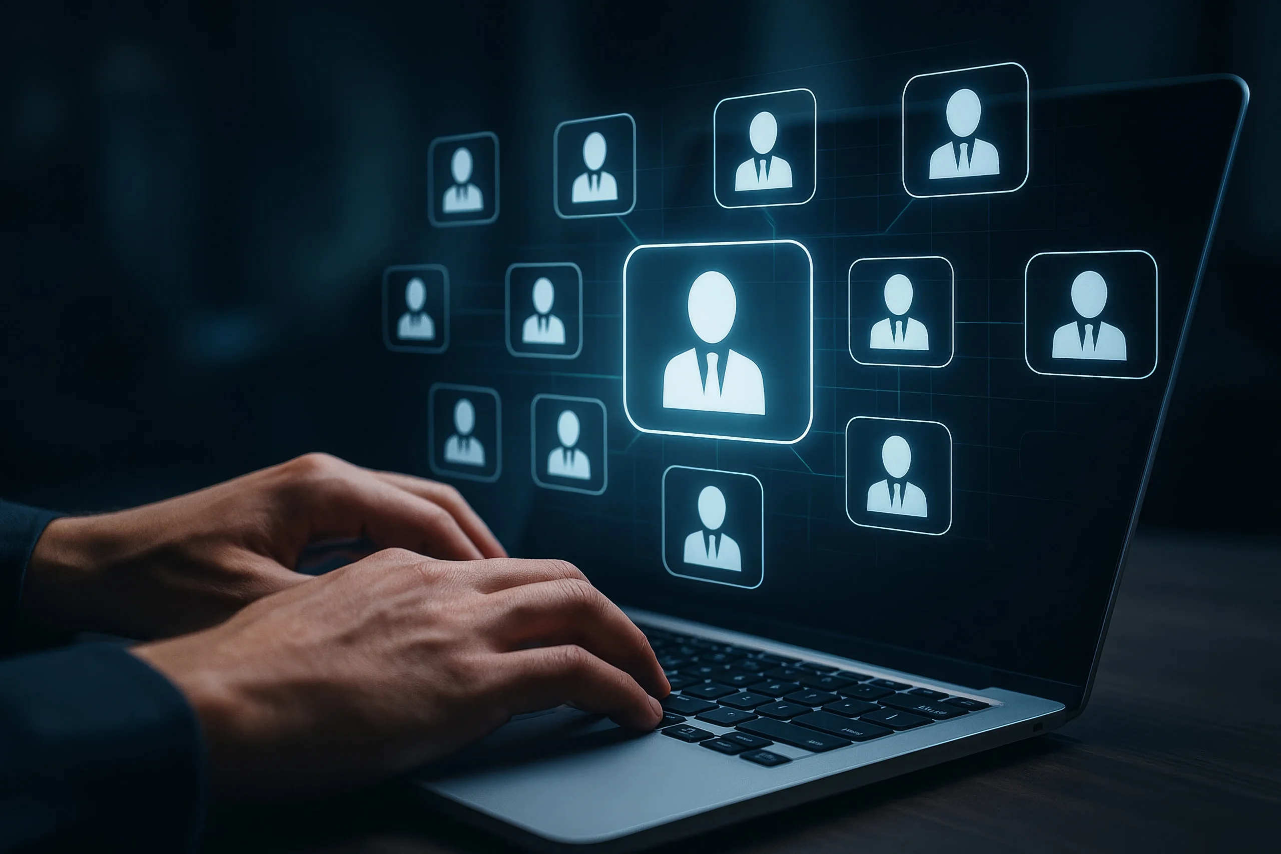 Person using ExitPro software with charts and graphs on laptop, symbolizing exit data analysis and reporting.