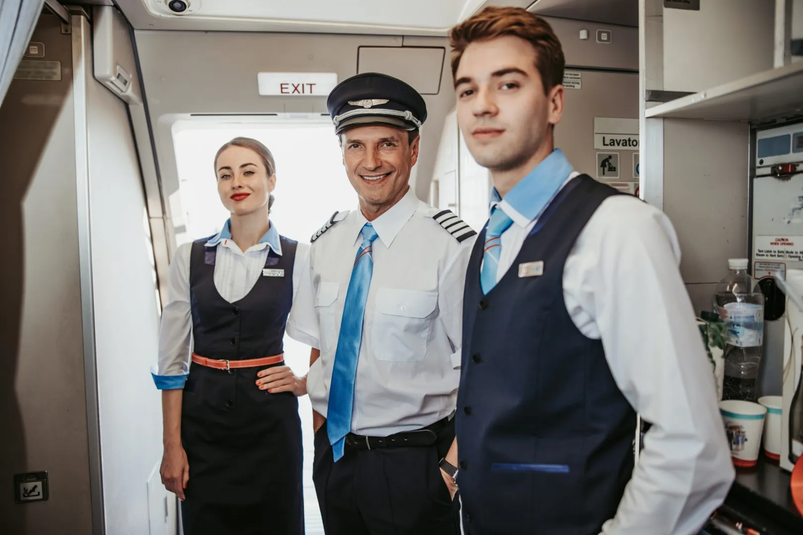 Airline crew members standing near the aircraft exit door, including a pilot and two flight attendants in uniform.