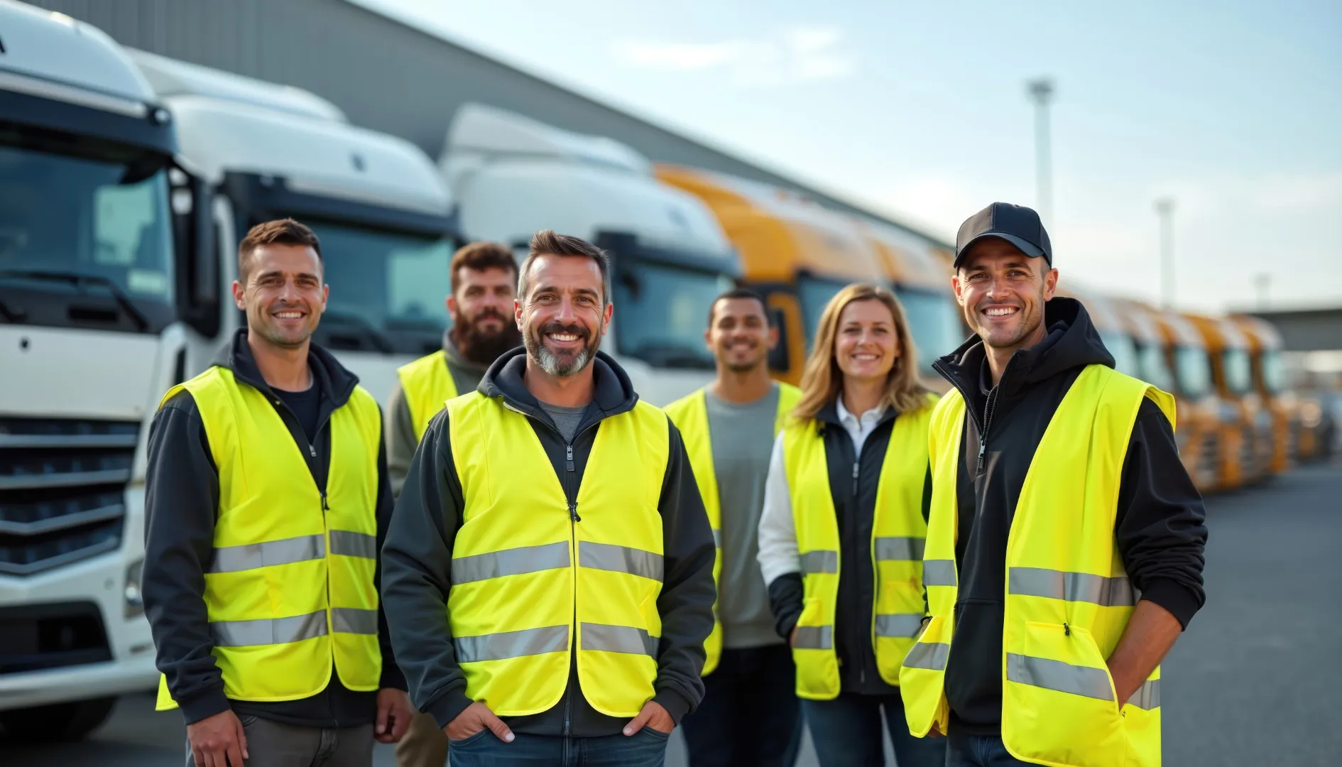 Group of transportation workers wearing high-visibility safety vests standing in front of a row of parked semi-trucks at a distribution yard.