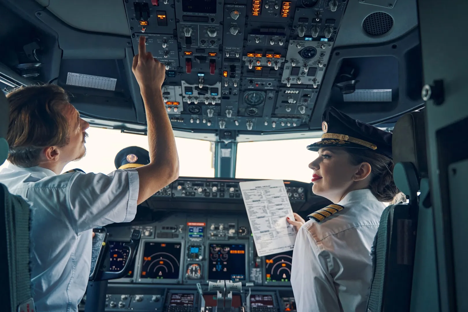 Two pilots inside an aircraft cockpit reviewing flight checklist and adjusting overhead controls.