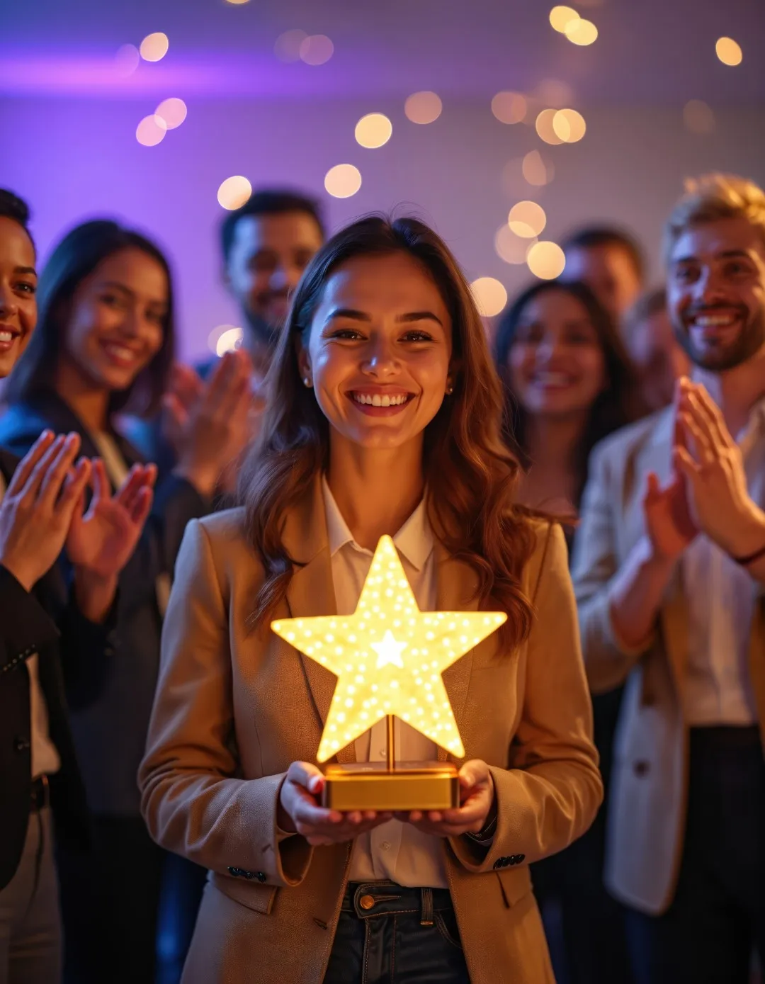 Employee holding a glowing star-shaped award while colleagues applaud during a celebratory recognition event
