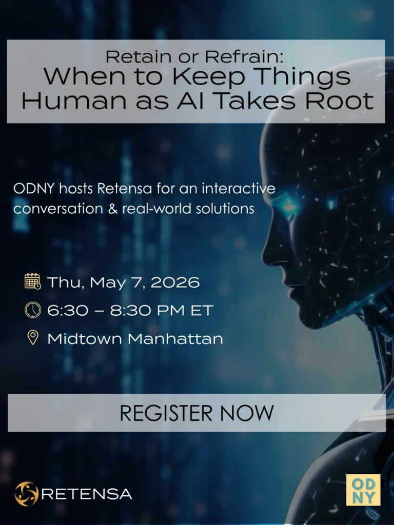 Announcement highlighting the collaboration between ODNY and Retensa for an event exploring AI’s impact on HR and workplace culture.